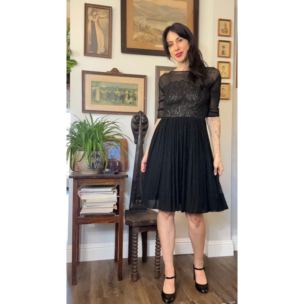 Vintage 50s Black Chiffon Lace Illusion Cocktail Dress Mid Century Formal